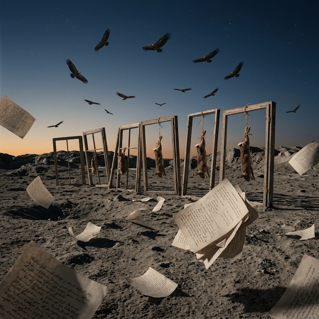 Dead rodents hang from wooden frames as vultures fly overhead.