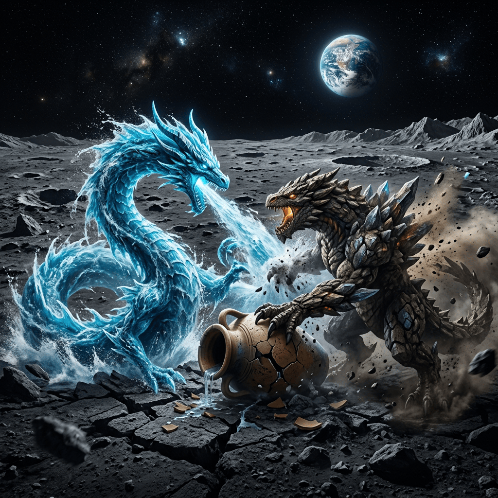 Water dragon battling a rock-armored dragon on a cratered alien moon
