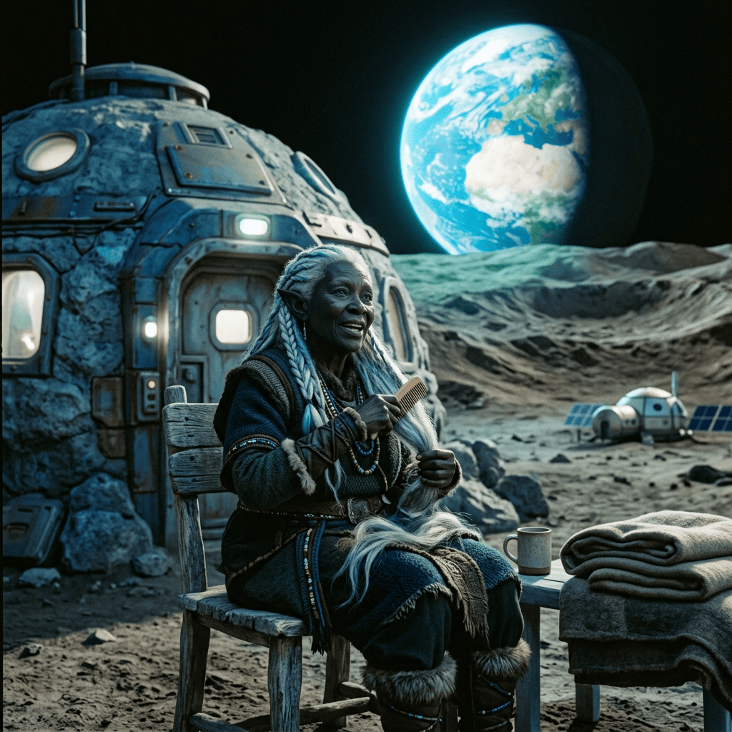 Elderly woman combing her hair outside a lunar habitat with Earth behind her