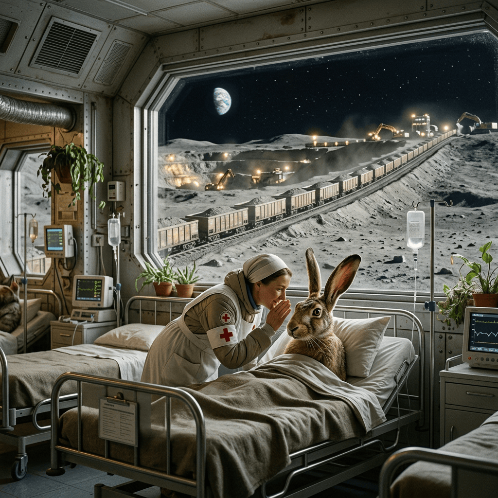 Nurse comforting a rabbit in a lunar clinic beside a window