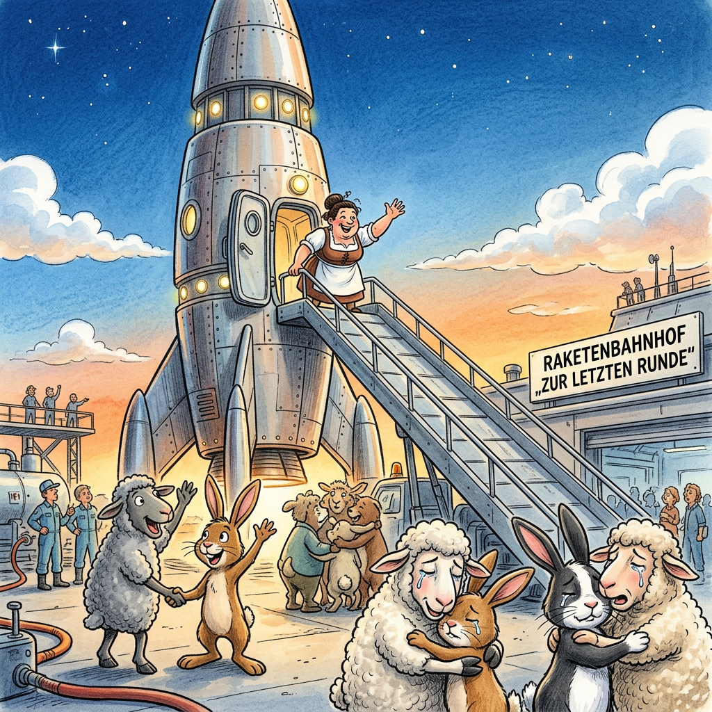 Cartoon rocket launching from a station labeled RAKETENBAHNHOF „ZUR LETZTEN RUNDE“, with waving people and crying animals