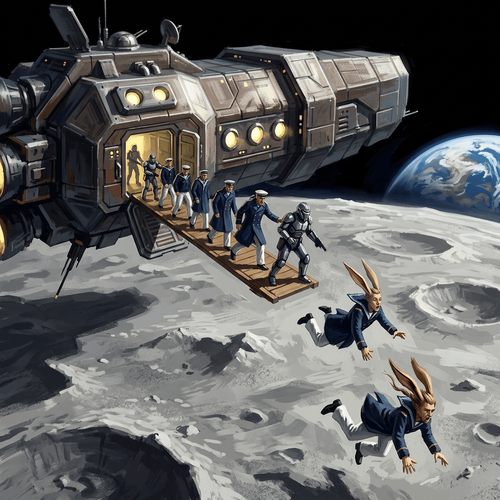 Crew exits a spacecraft on the Moon while two figures float nearby